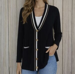 360 Cashmere Black Ribbed Striped Button Down Cardigan 💯 Cashmere Sweater Med